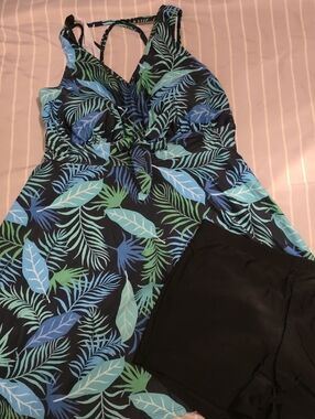 Tropical Leaf Print Swimdress with Black Swim Shorts